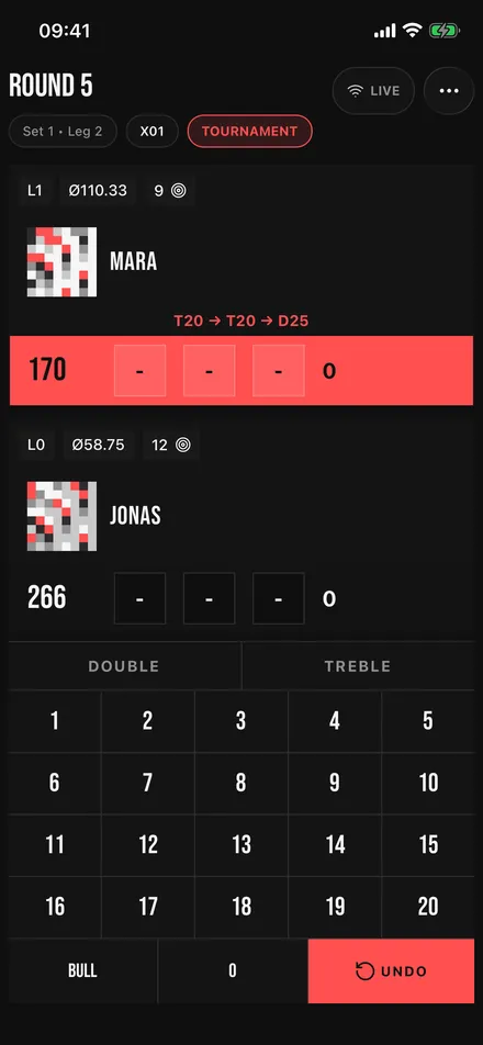 TOPS iPhone screenshot showing an X01 scoring screen with two players and the number pad.