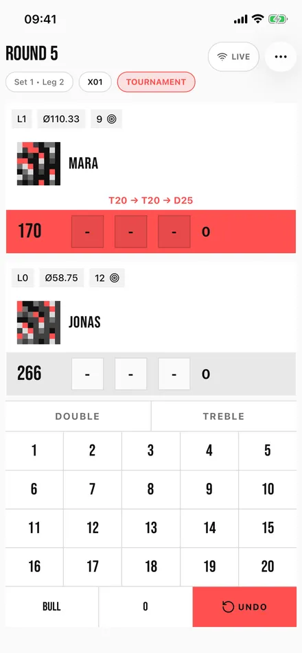 TOPS iPhone screenshot showing an X01 scoring screen with two players and the number pad.