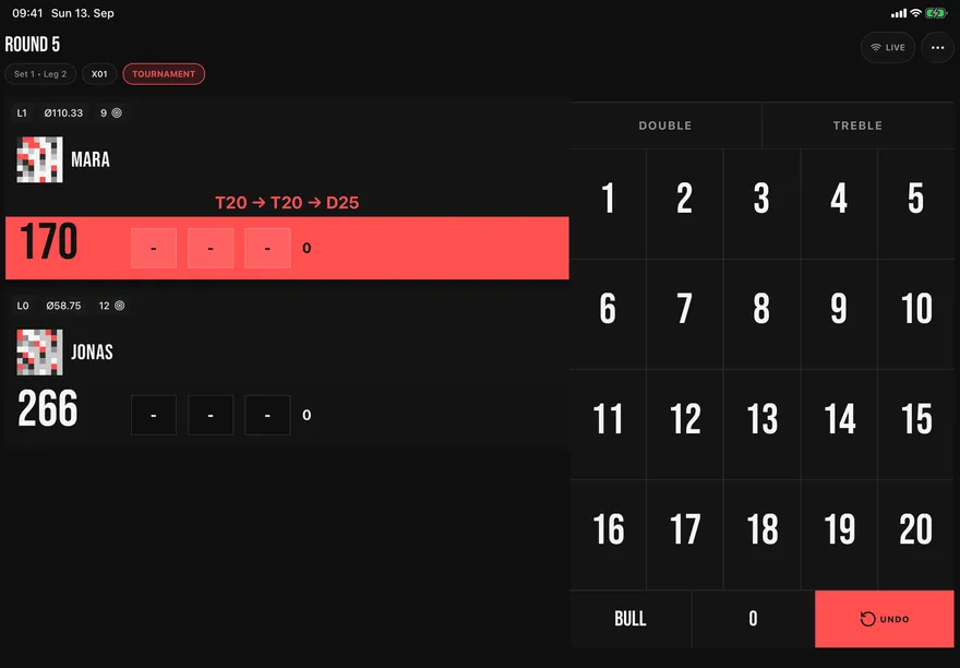 TOPS scoreboard on iPad in landscape: both players on the left, the number pad on the right. Mara has 170 left and the checkout hint reads T20, T20, D25.