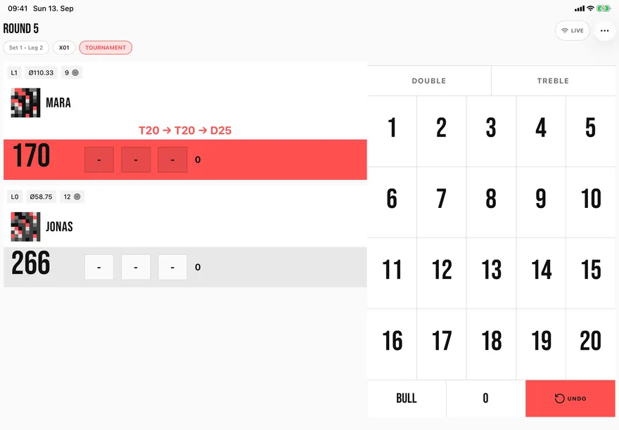 TOPS scoreboard on iPad in landscape: both players on the left, the number pad on the right. Mara has 170 left and the checkout hint reads T20, T20, D25.